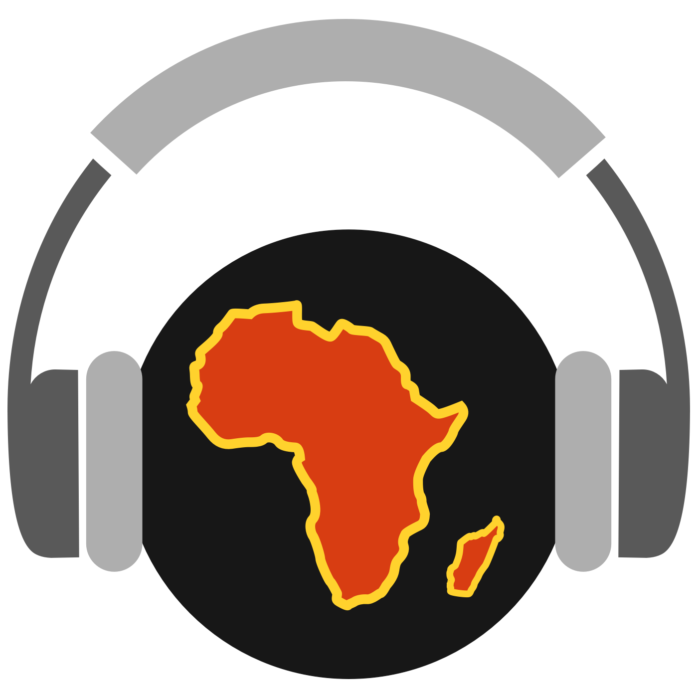 Africa Past and Present logo including globe and headphones.